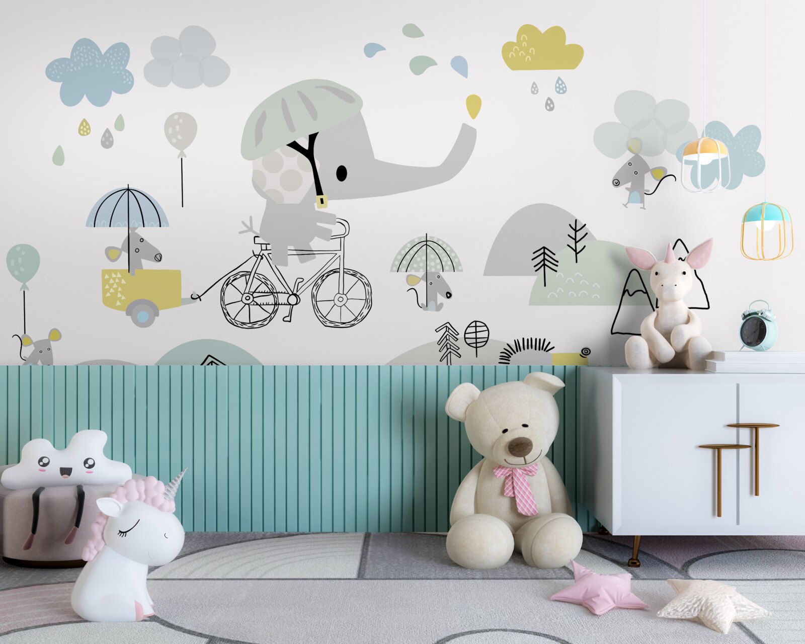 Fotobehang een babyolifant reist langs de berghelling naar beneden