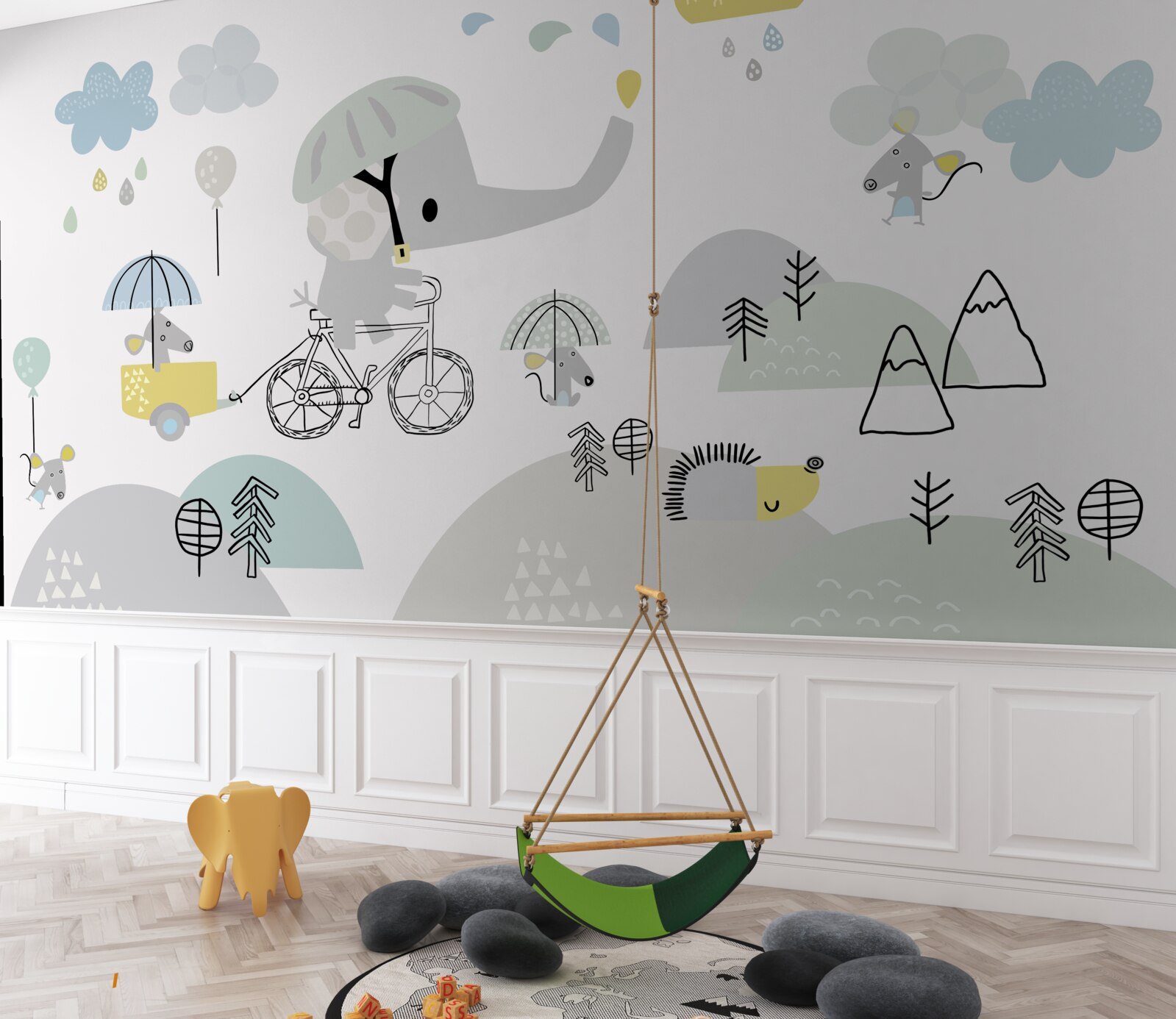 Fotobehang een babyolifant reist langs de berghelling naar beneden