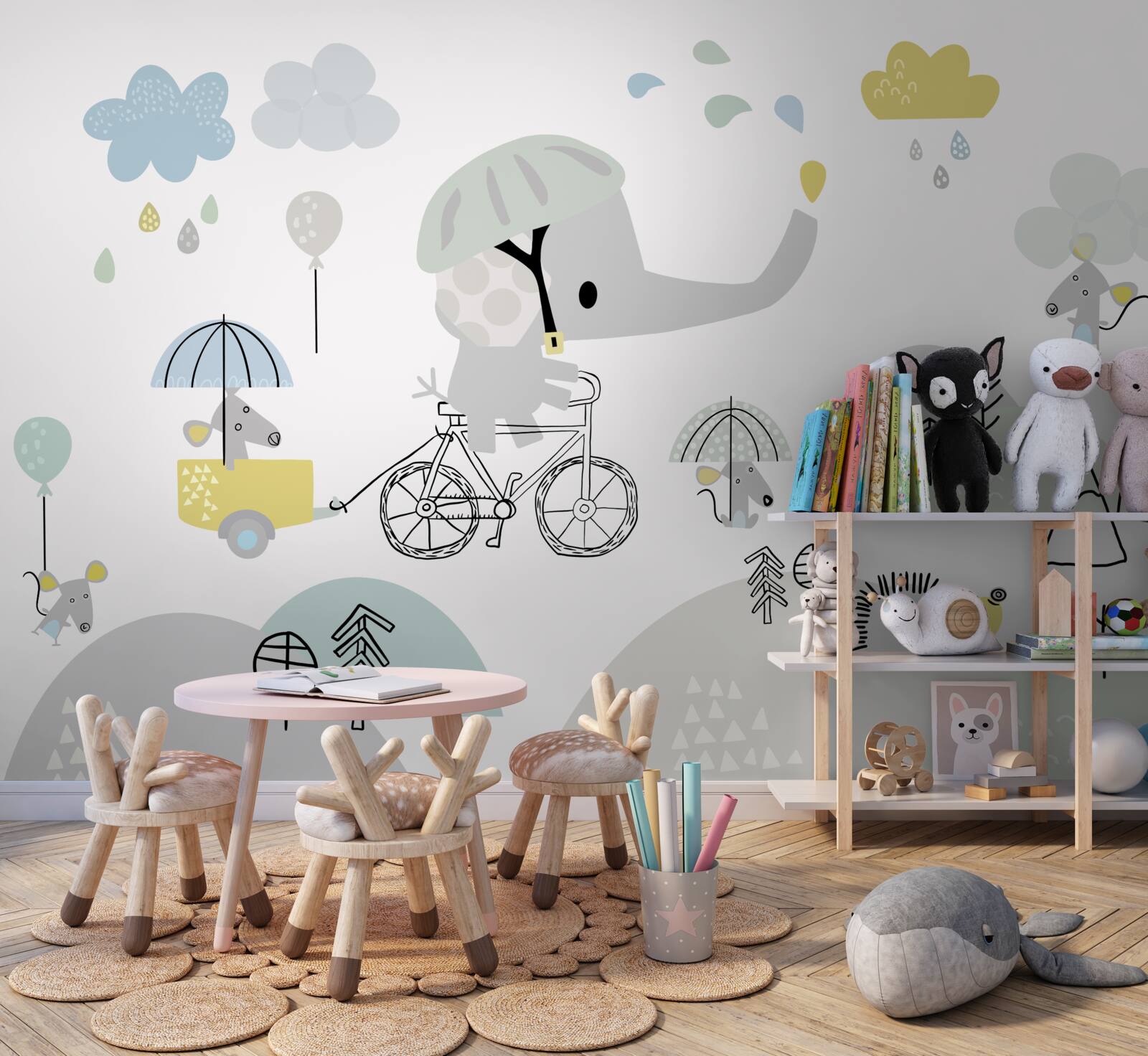 Fotobehang een babyolifant reist langs de berghelling naar beneden