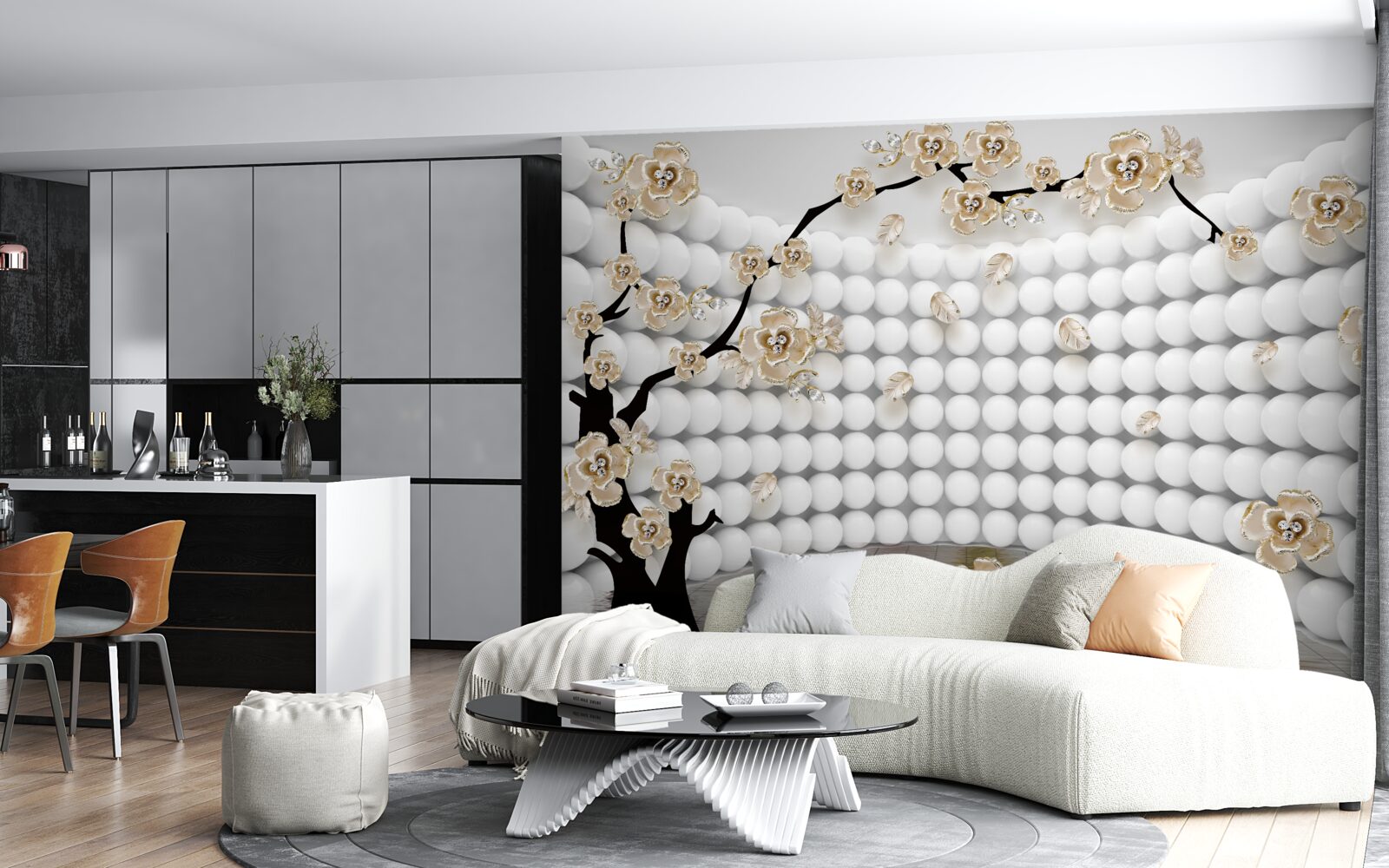 Fotobehang kamer met driedimensionale ballen en een boom