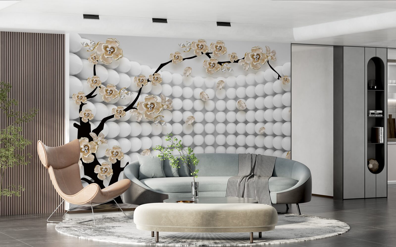 Fotobehang kamer met driedimensionale ballen en een boom