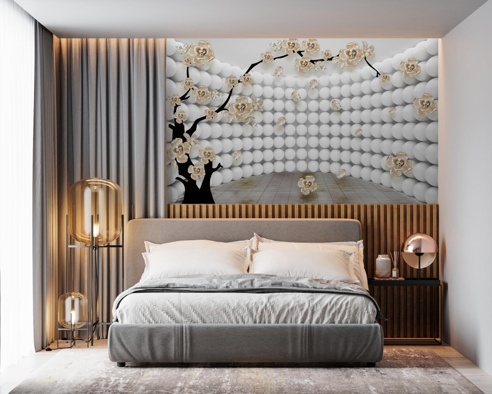 Fotobehang kamer met driedimensionale ballen en een boom