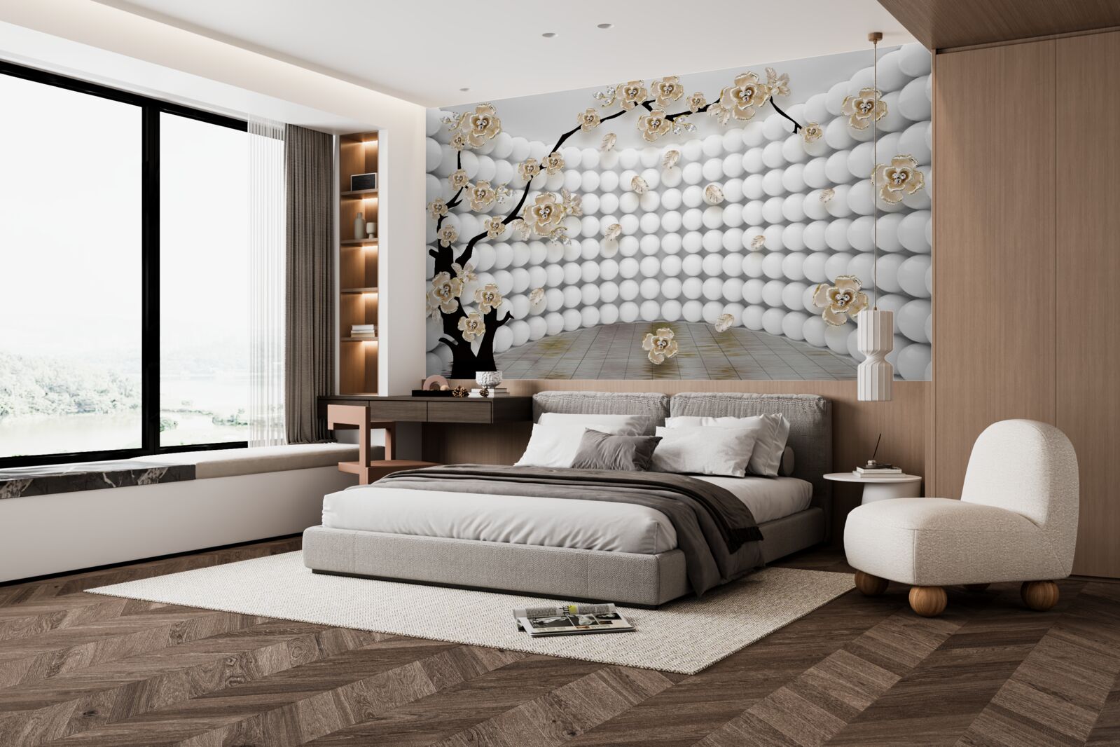 Fotobehang kamer met driedimensionale ballen en een boom