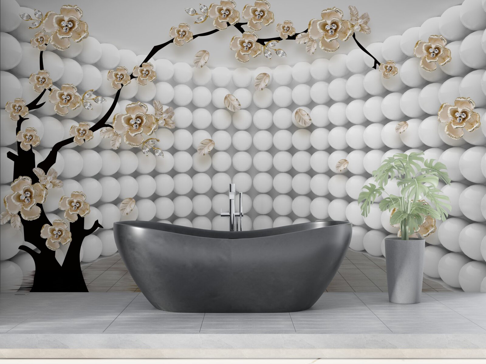 Fotobehang kamer met driedimensionale ballen en een boom