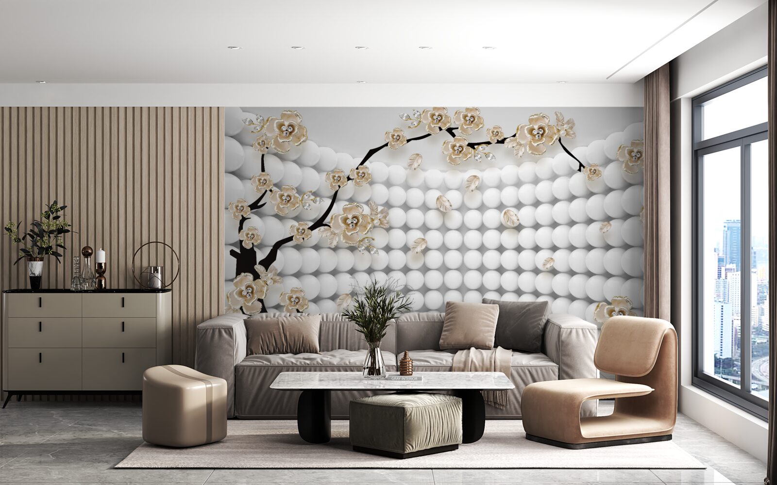 Fotobehang kamer met driedimensionale ballen en een boom