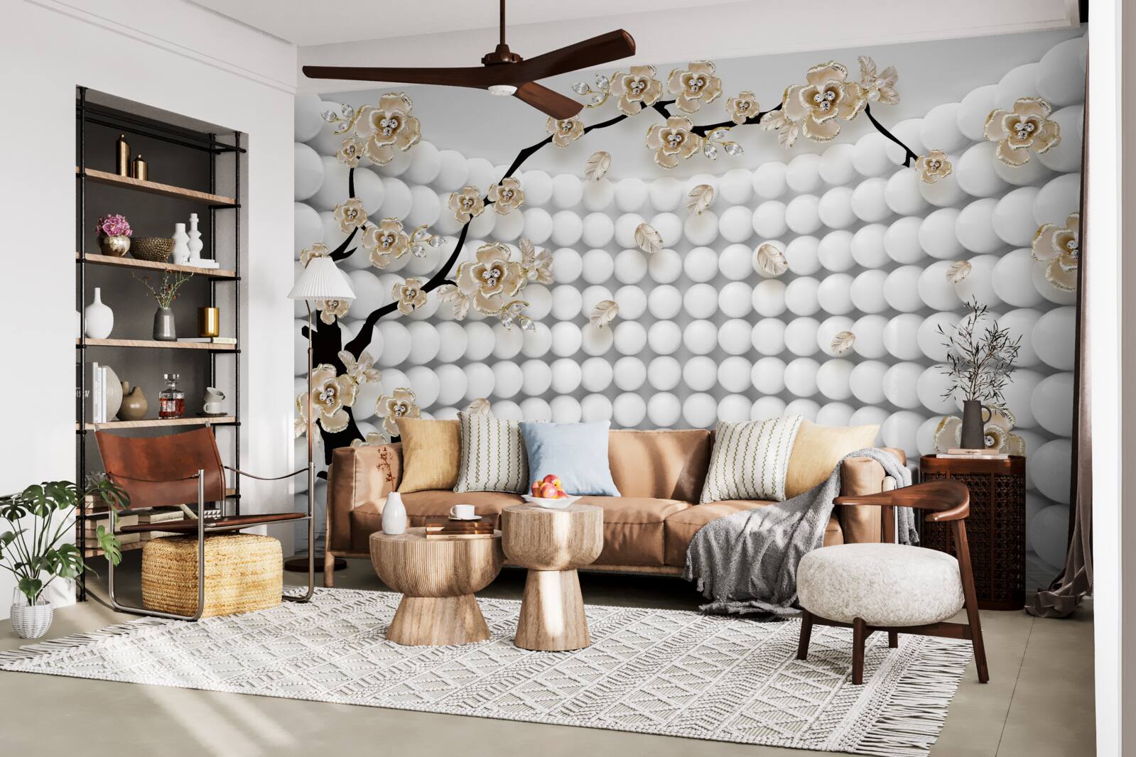 Fotobehang kamer met driedimensionale ballen en een boom