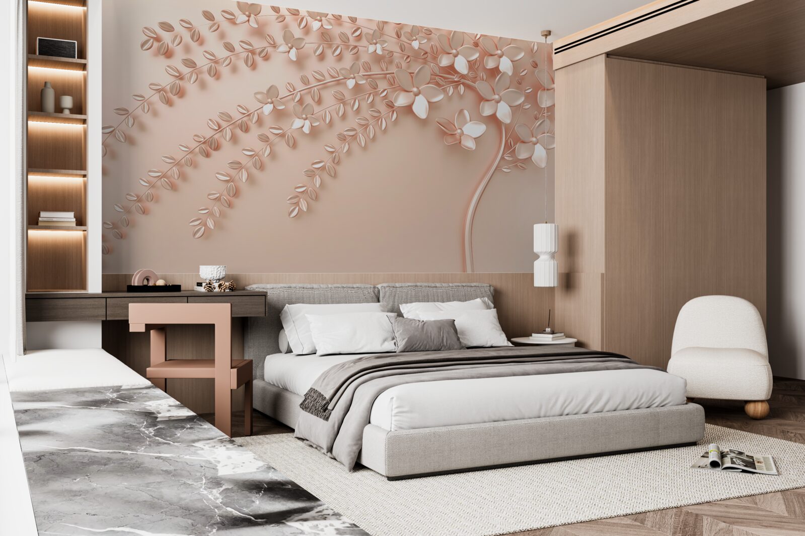 Fotobehang boom met fijn hout en rijke bloei