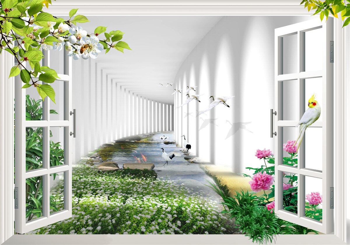 Fotobehang uitzicht vanuit het raam op de groene tunnel