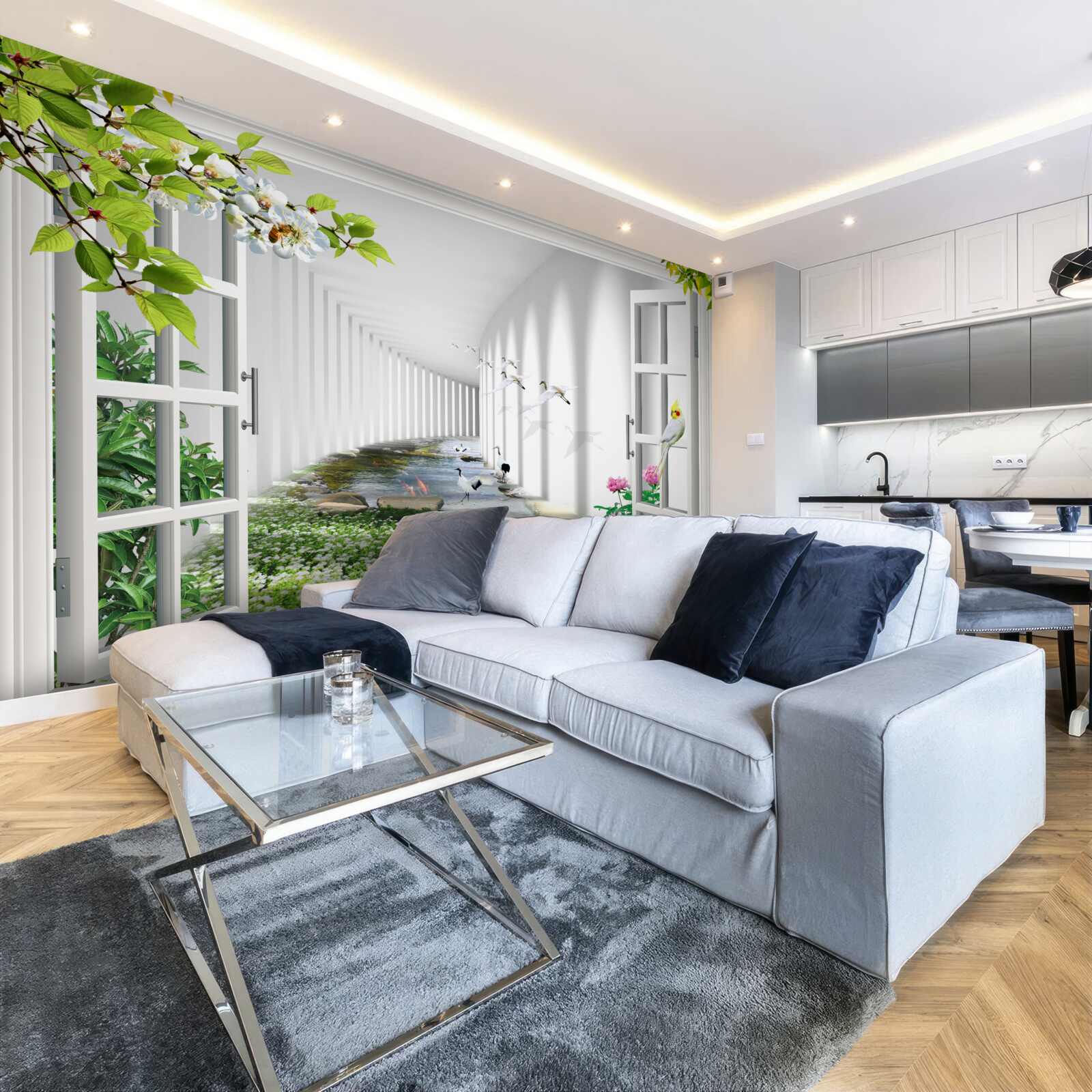 Fotobehang uitzicht vanuit het raam op de groene tunnel