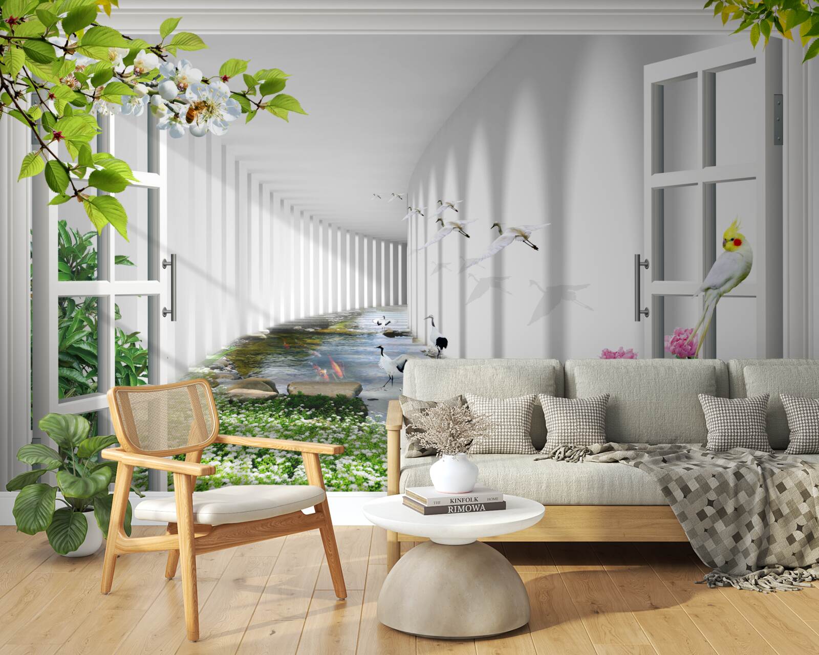 Fotobehang uitzicht vanuit het raam op de groene tunnel