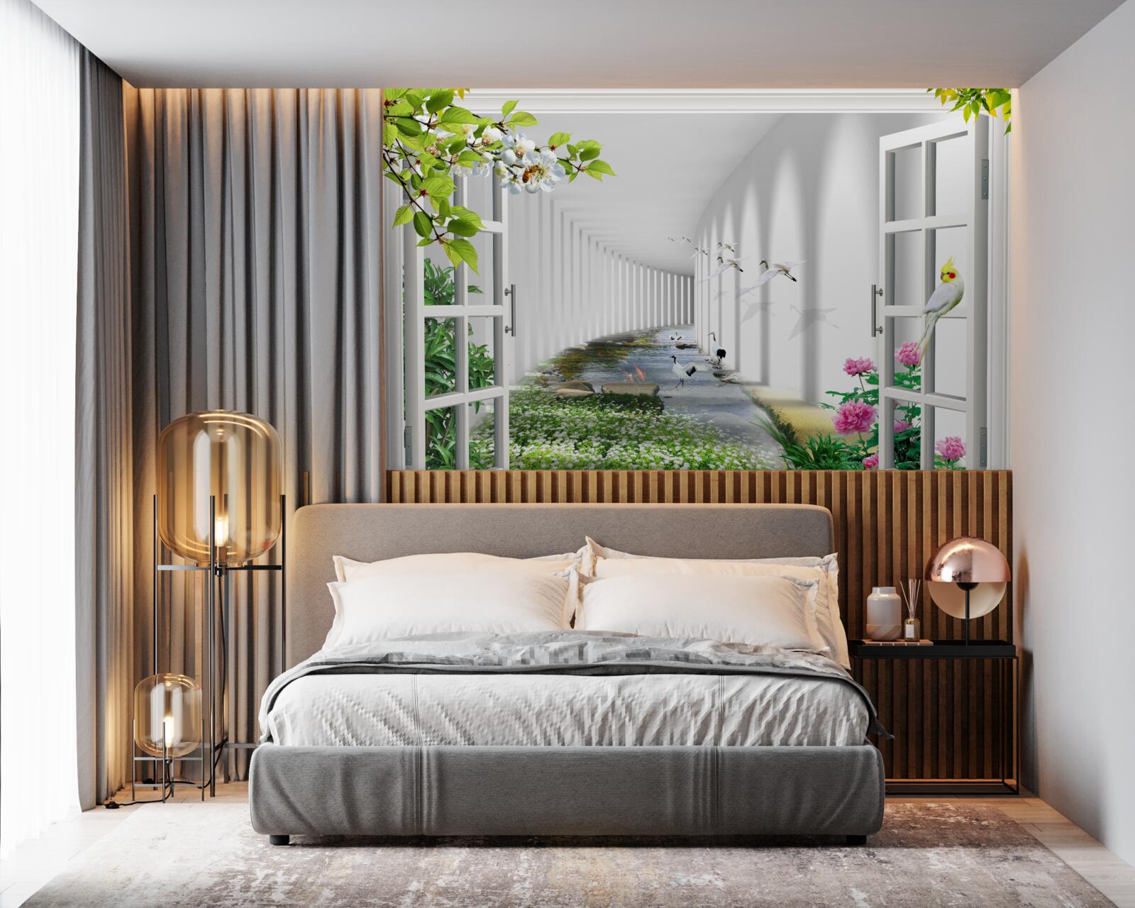 Fotobehang uitzicht vanuit het raam op de groene tunnel