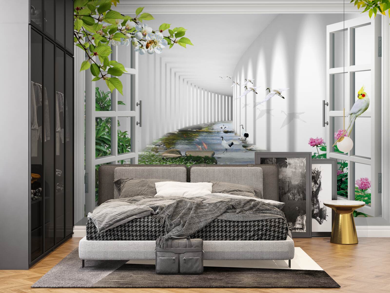 Fotobehang uitzicht vanuit het raam op de groene tunnel