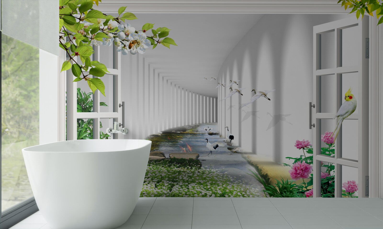 Fotobehang uitzicht vanuit het raam op de groene tunnel