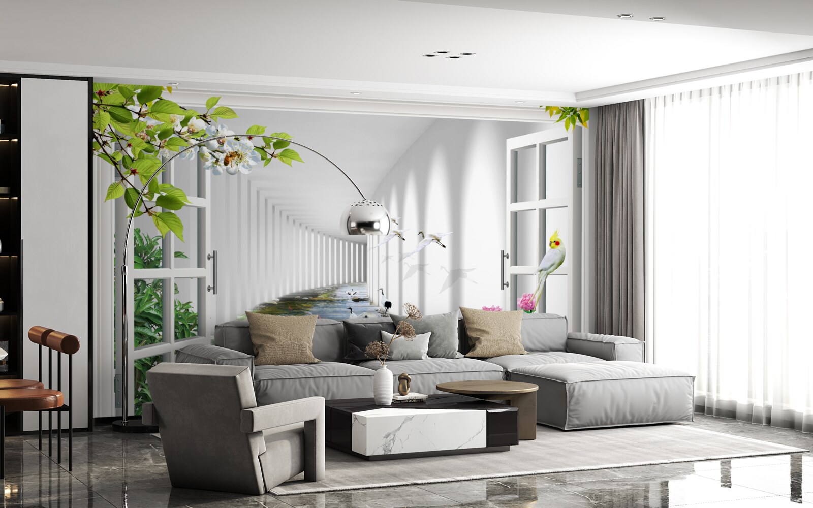 Fotobehang uitzicht vanuit het raam op de groene tunnel