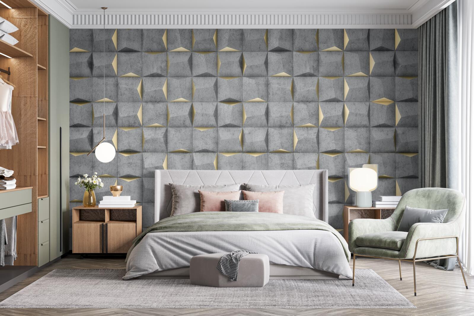 Fotobehang 3d rechthoeken met gouden elementen