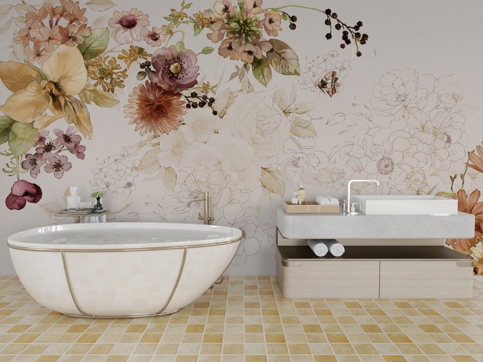 Fotobehang bloemencomposities op een delicate achtergrond