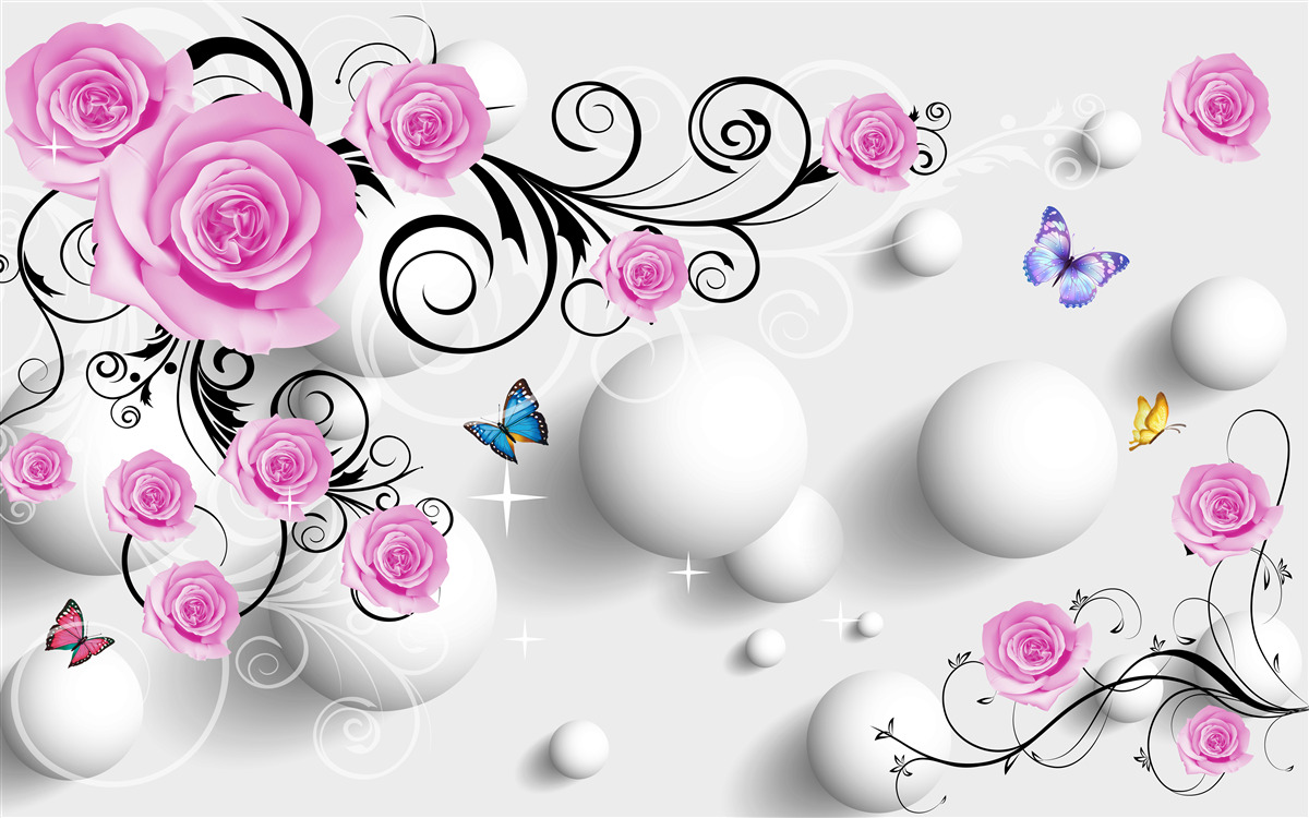 Fotobehang gekleurde rozen op een 3d achtergrond van ballen