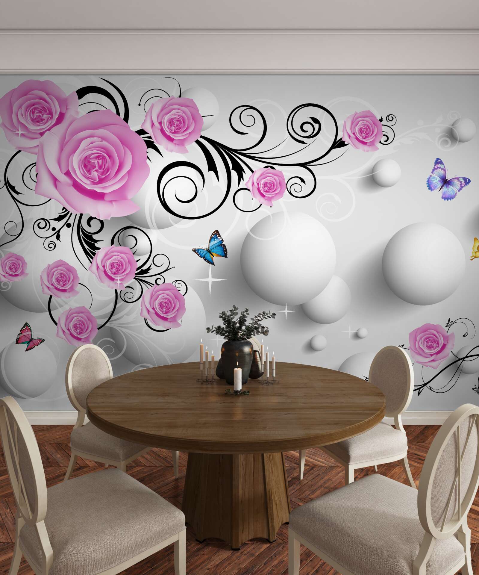 Fotobehang gekleurde rozen op een 3d achtergrond van ballen