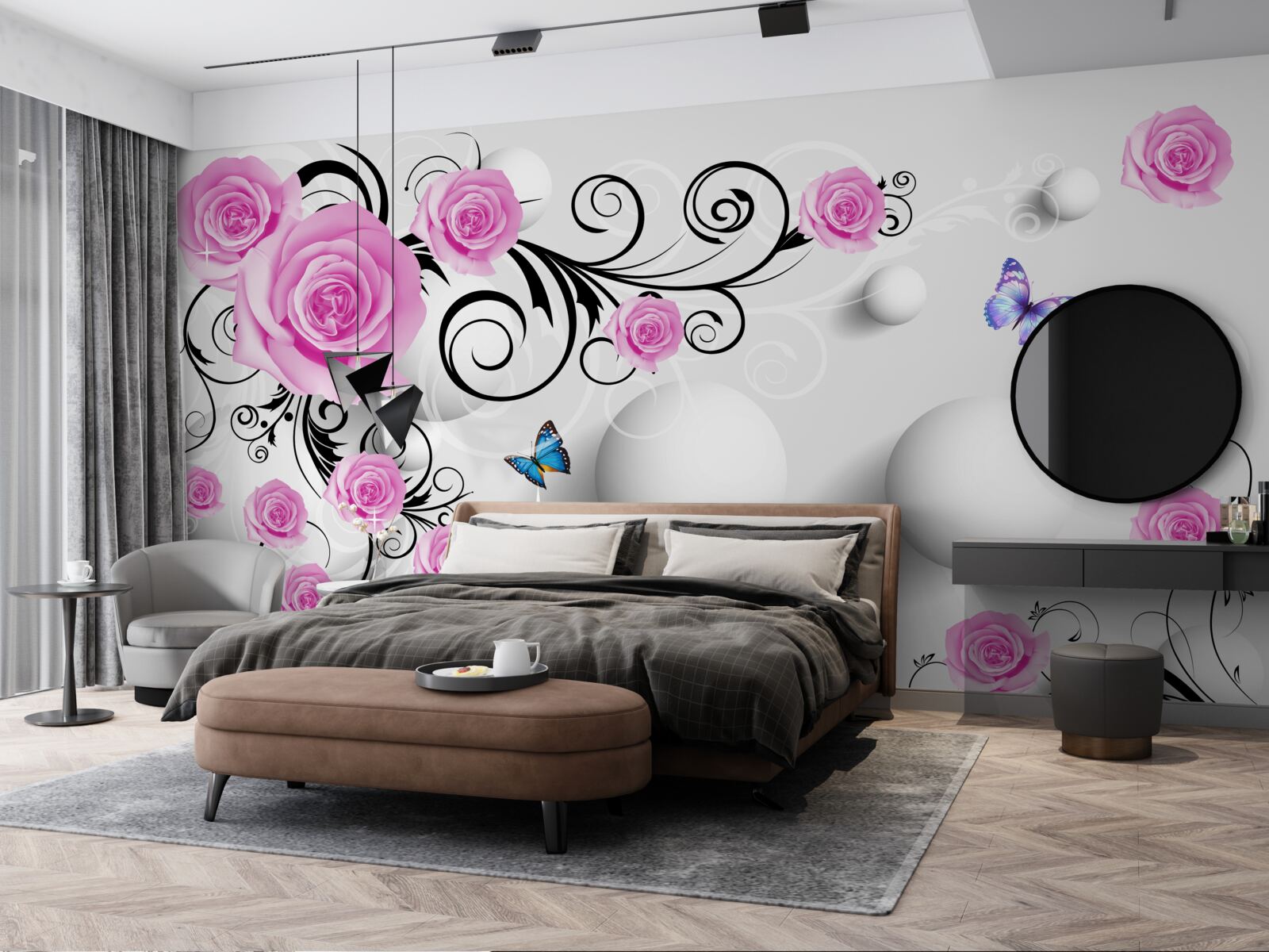 Fotobehang gekleurde rozen op een 3d achtergrond van ballen