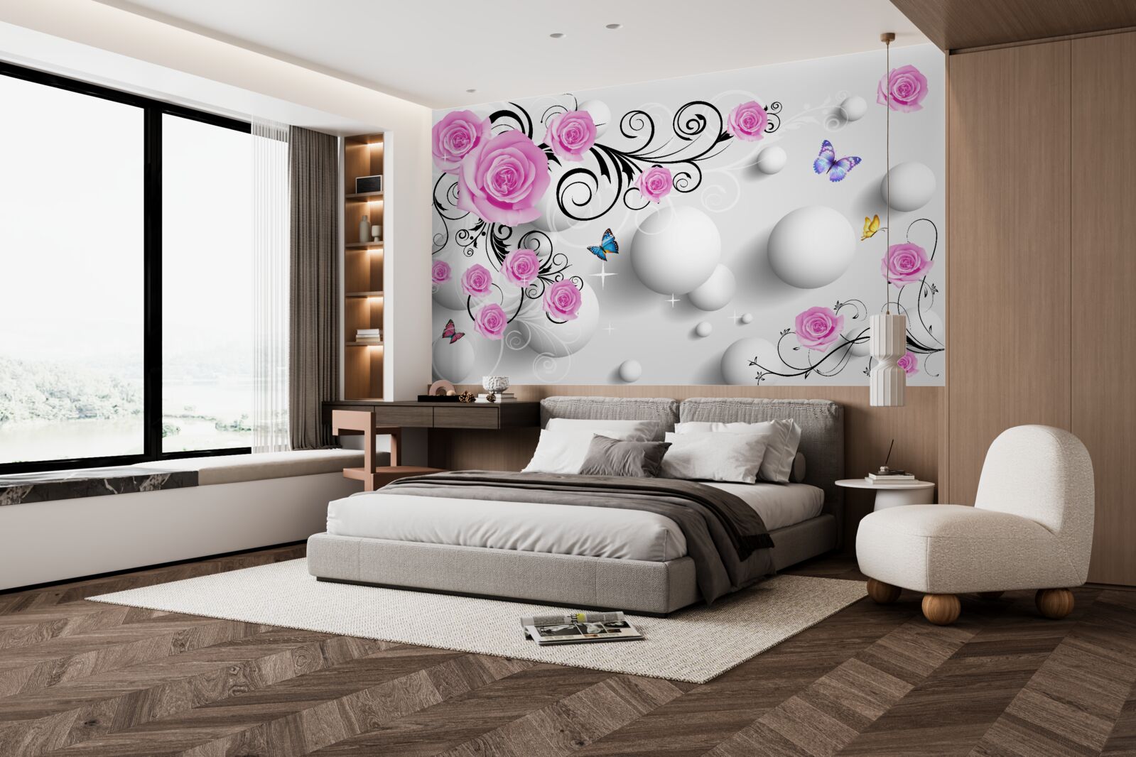 Fotobehang gekleurde rozen op een 3d achtergrond van ballen