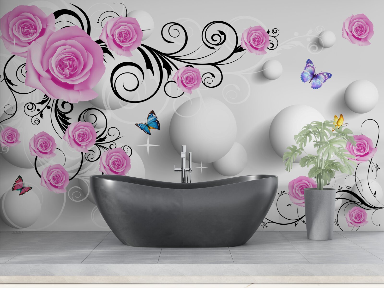 Fotobehang gekleurde rozen op een 3d achtergrond van ballen