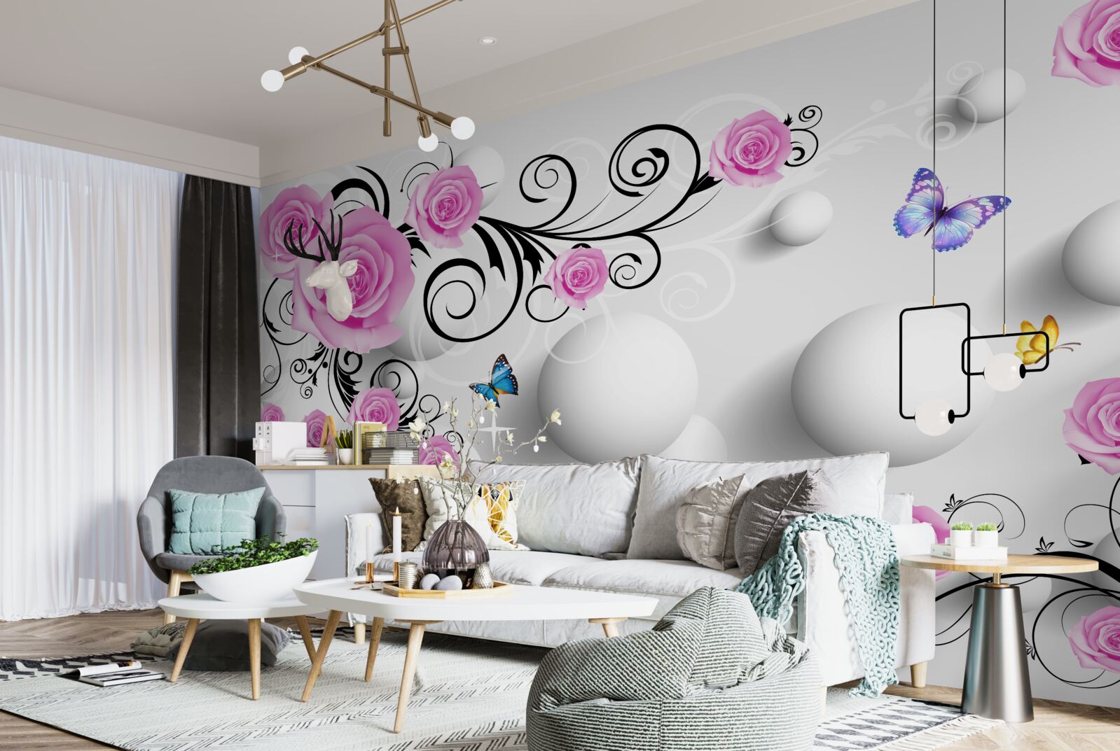 Fotobehang gekleurde rozen op een 3d achtergrond van ballen