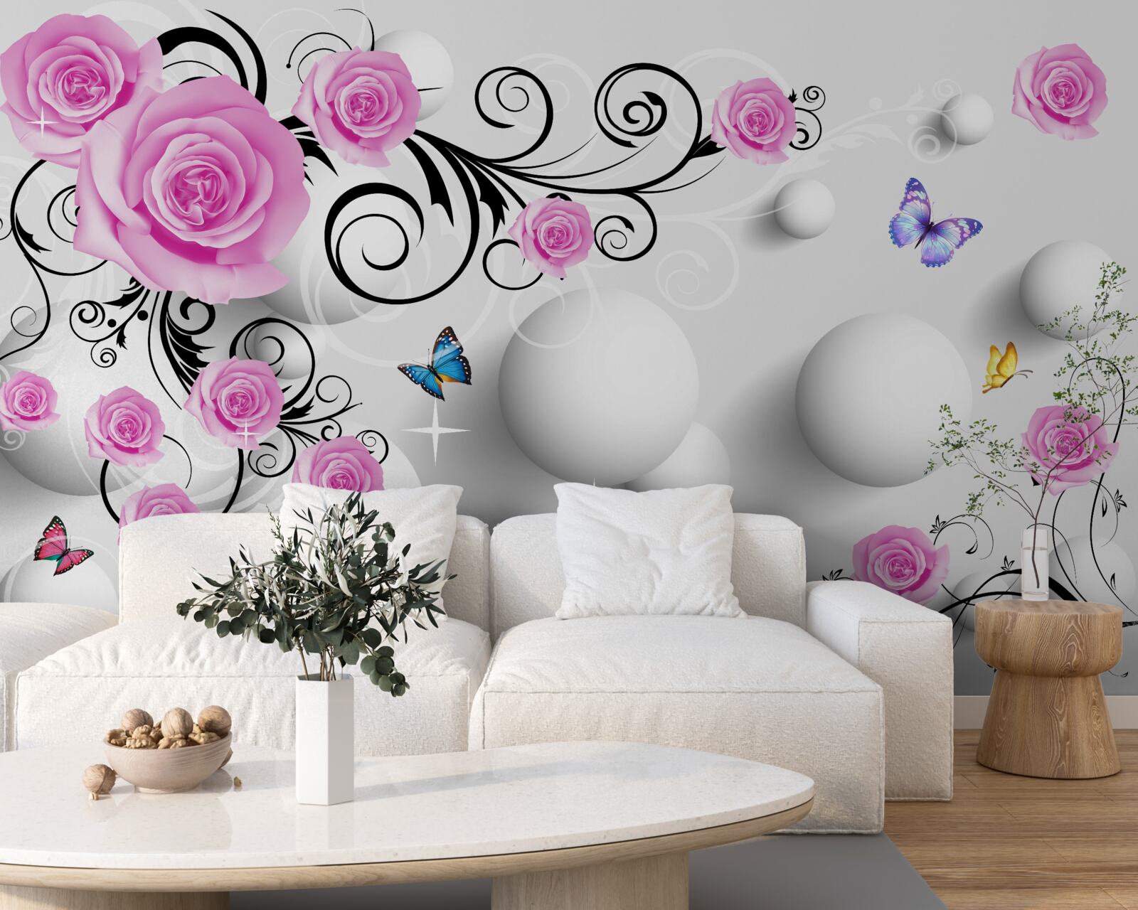 Fotobehang gekleurde rozen op een 3d achtergrond van ballen