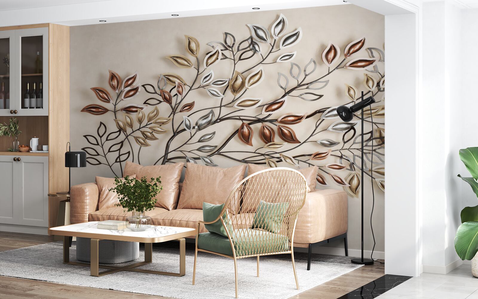 Fotobehang metalen bladeren aan een tak
