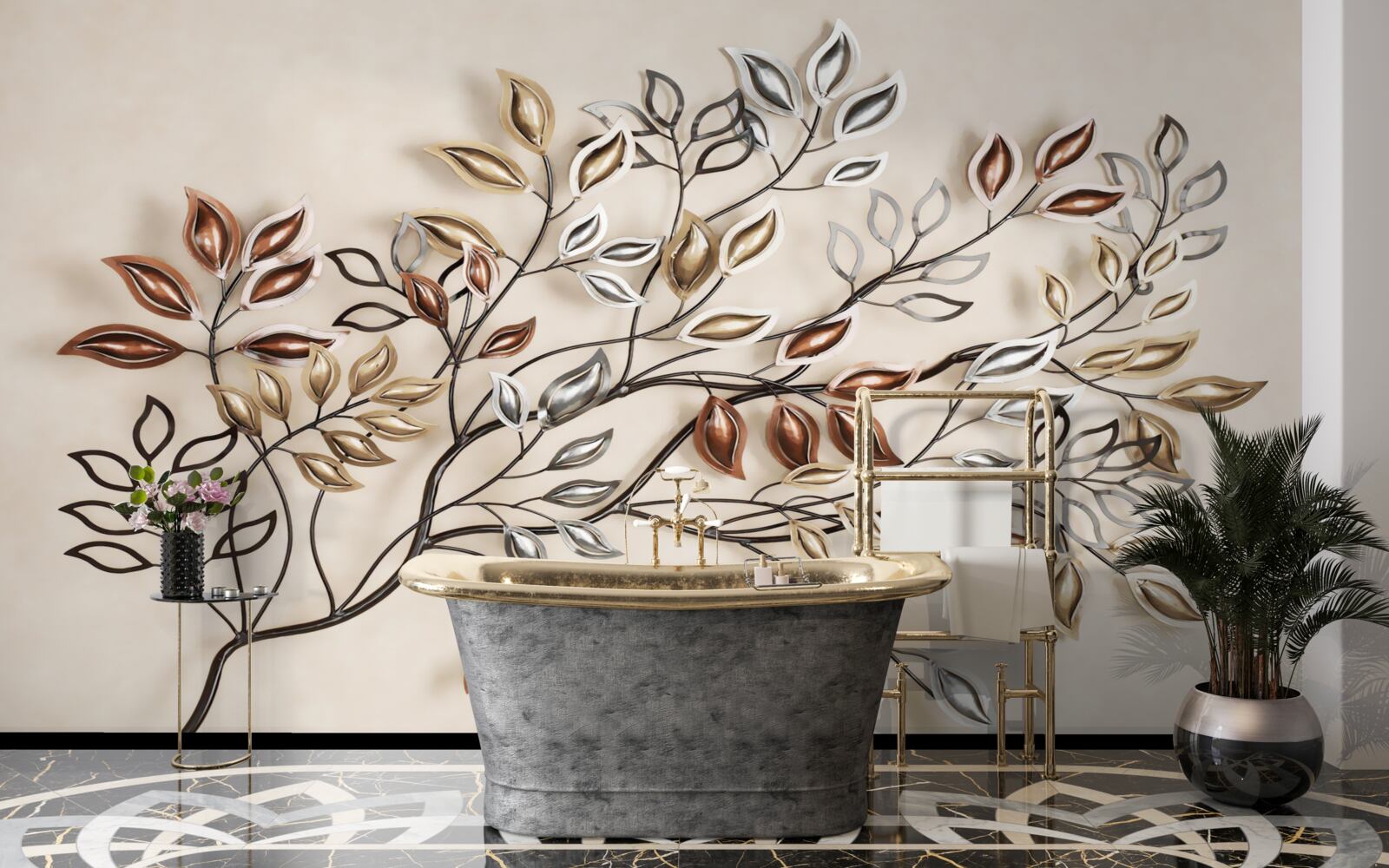 Fotobehang metalen bladeren aan een tak