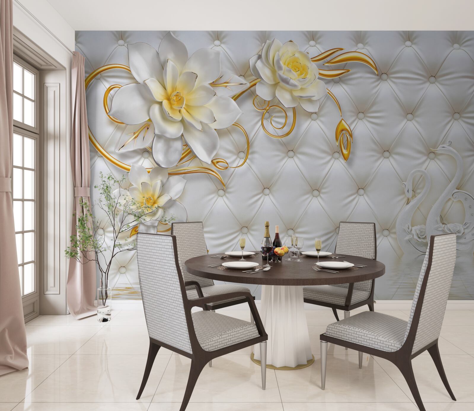 Fotobehang textuur van witte stof en bloemen