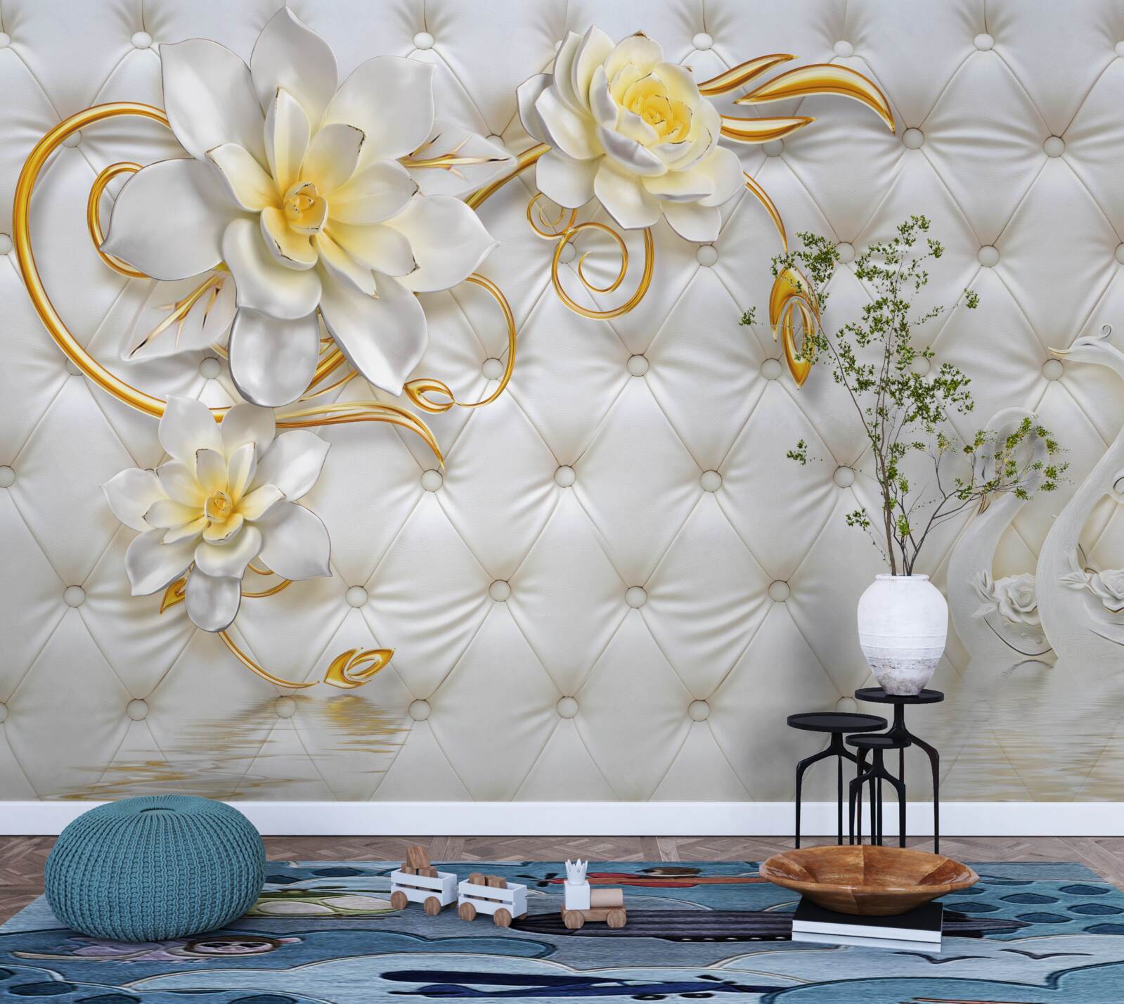 Fotobehang textuur van witte stof en bloemen