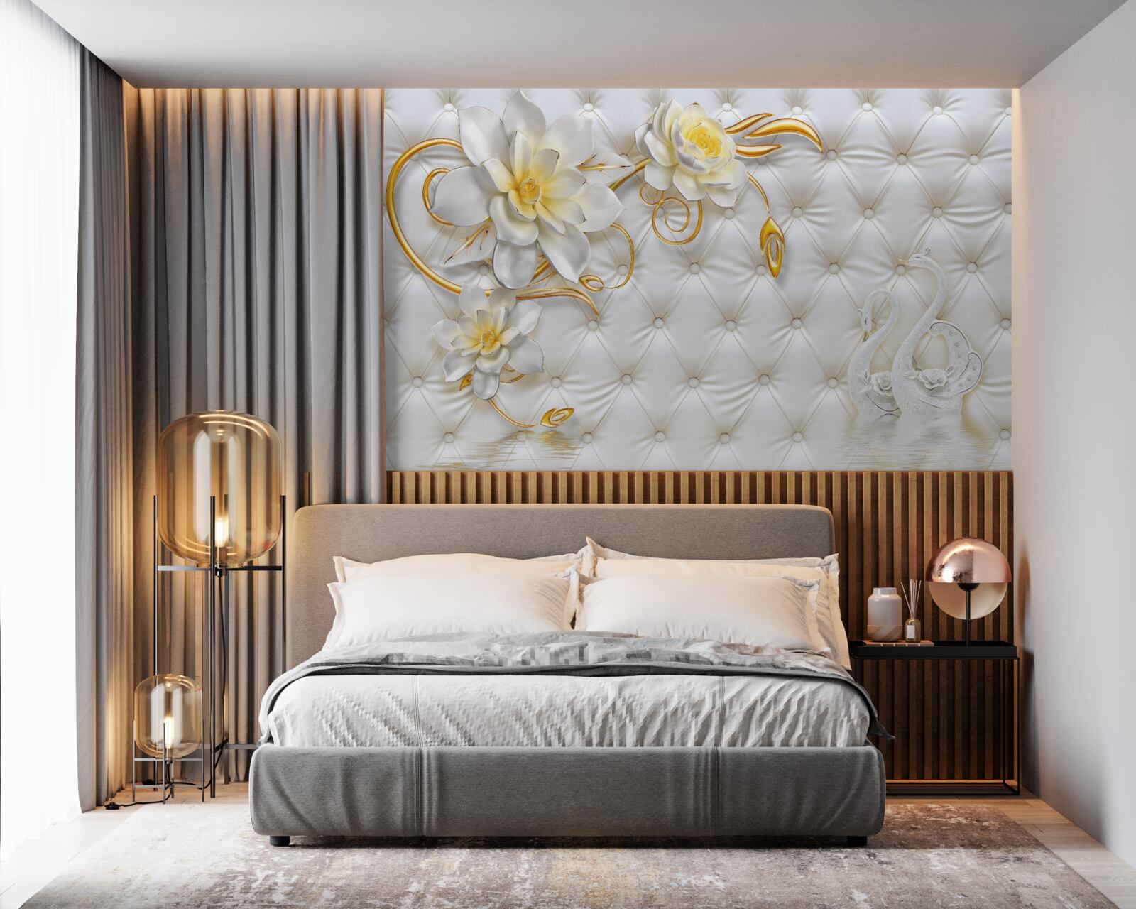 Fotobehang textuur van witte stof en bloemen