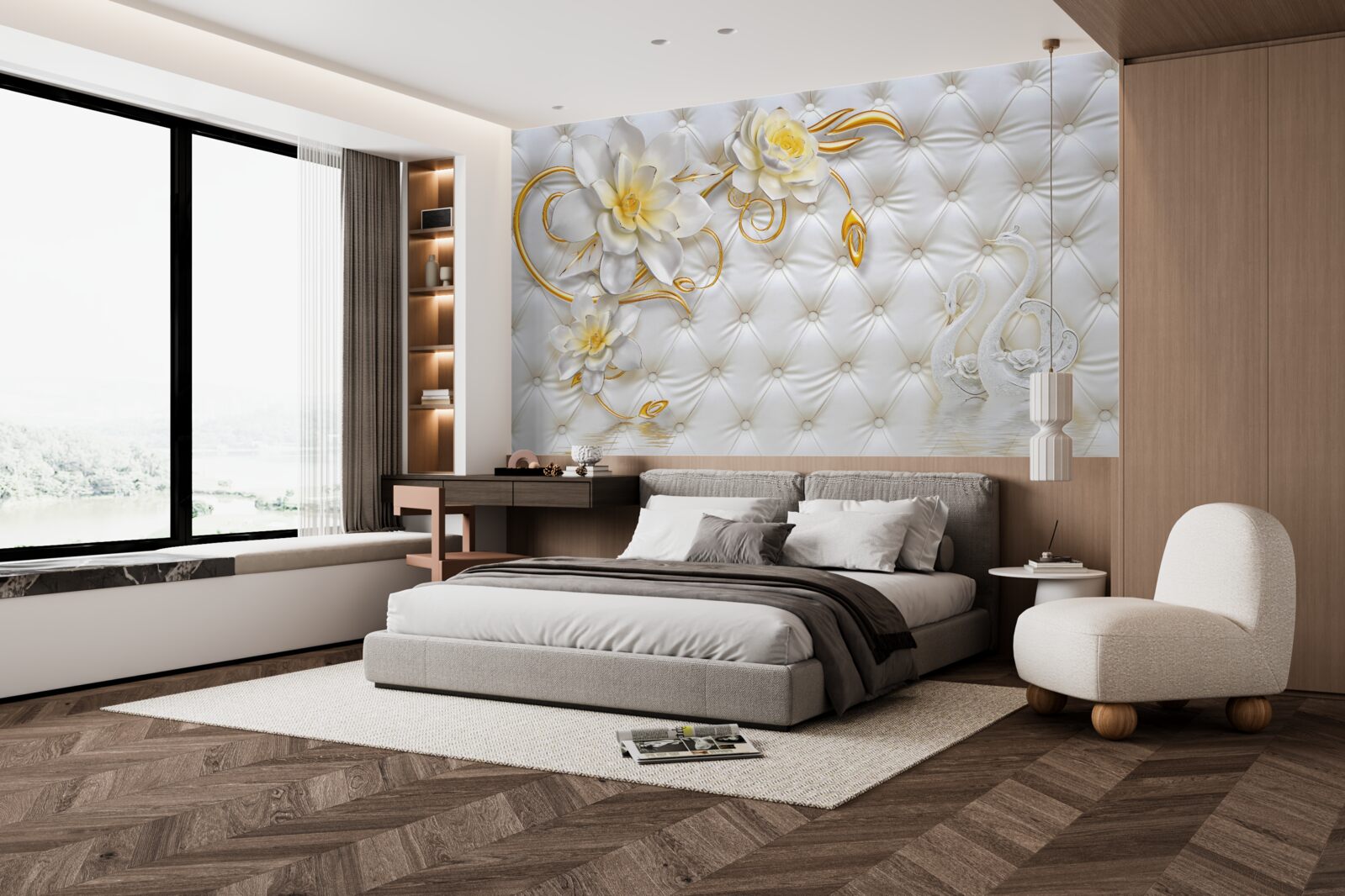 Fotobehang textuur van witte stof en bloemen