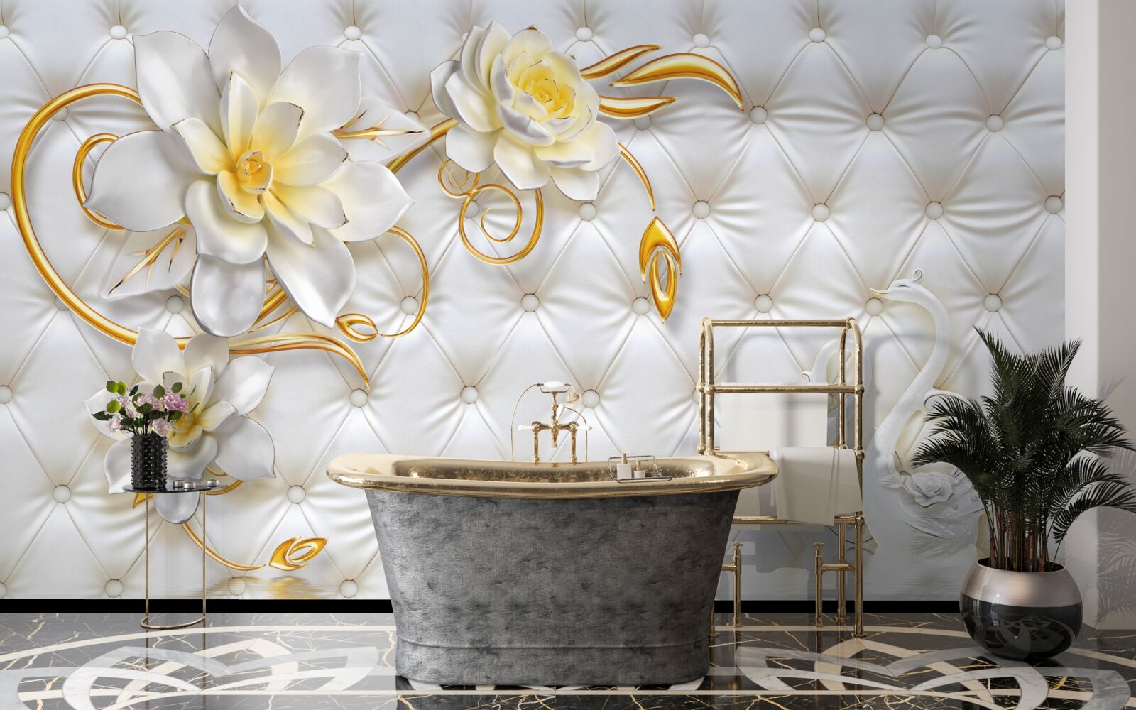 Fotobehang textuur van witte stof en bloemen