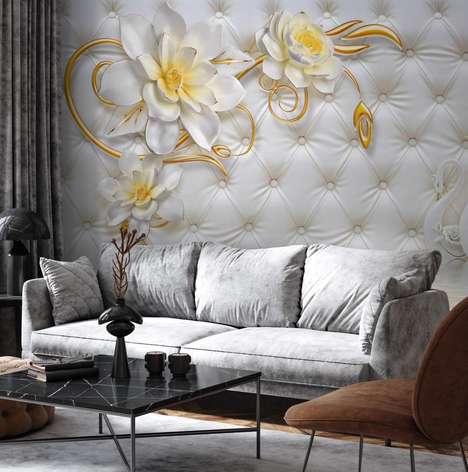 Fotobehang textuur van witte stof en bloemen