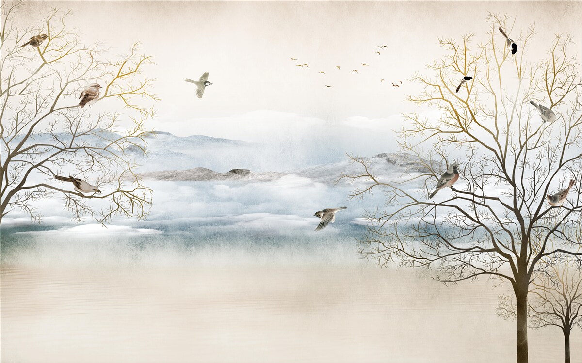 Fotobehang ochtendnevel en vogelgezang