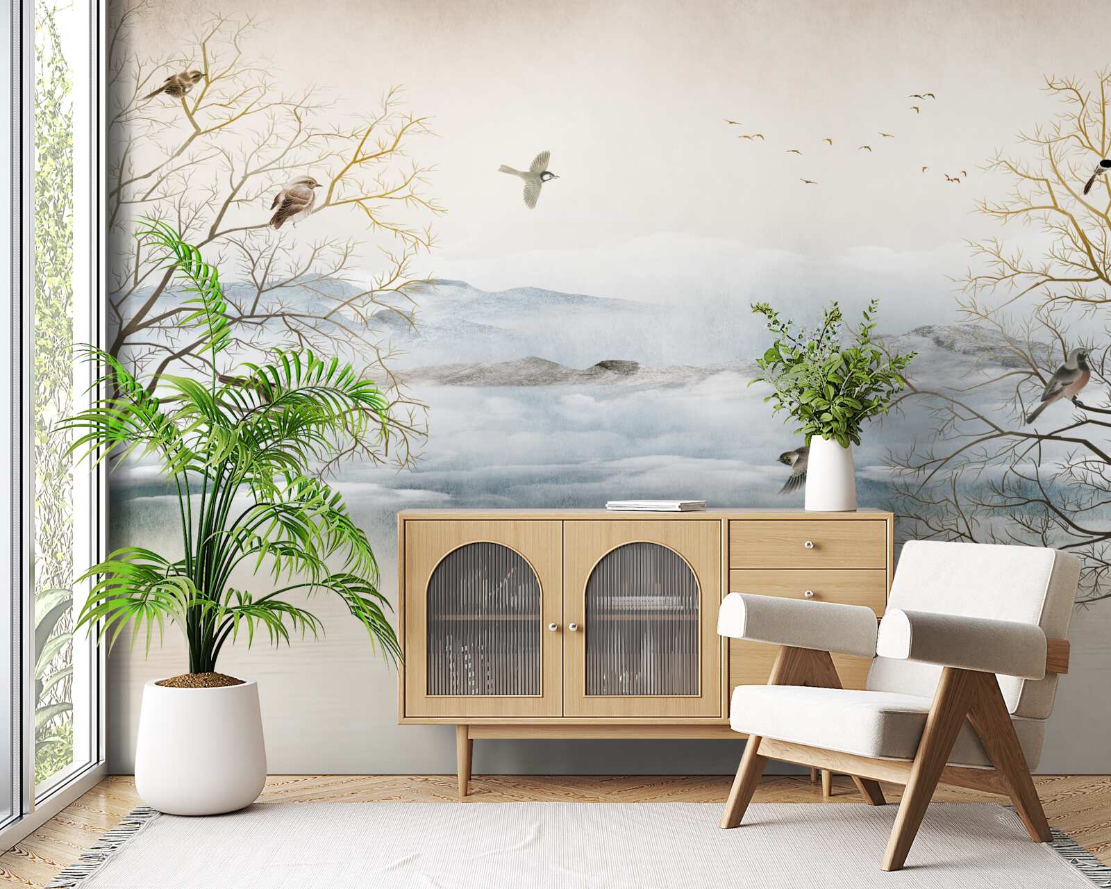 Fotobehang ochtendnevel en vogelgezang