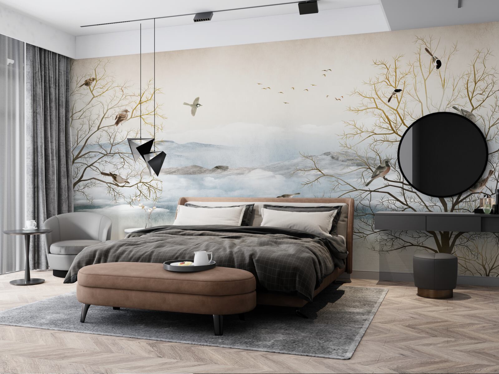 Fotobehang ochtendnevel en vogelgezang