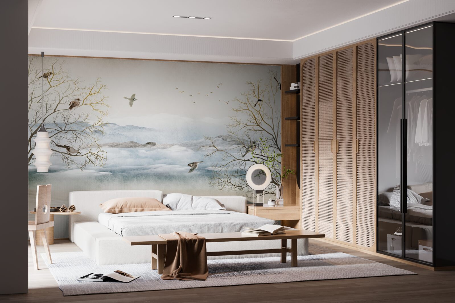 Fotobehang ochtendnevel en vogelgezang