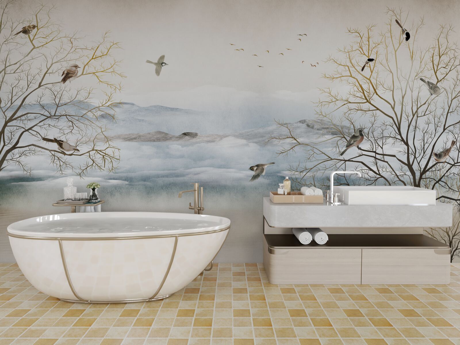 Fotobehang ochtendnevel en vogelgezang