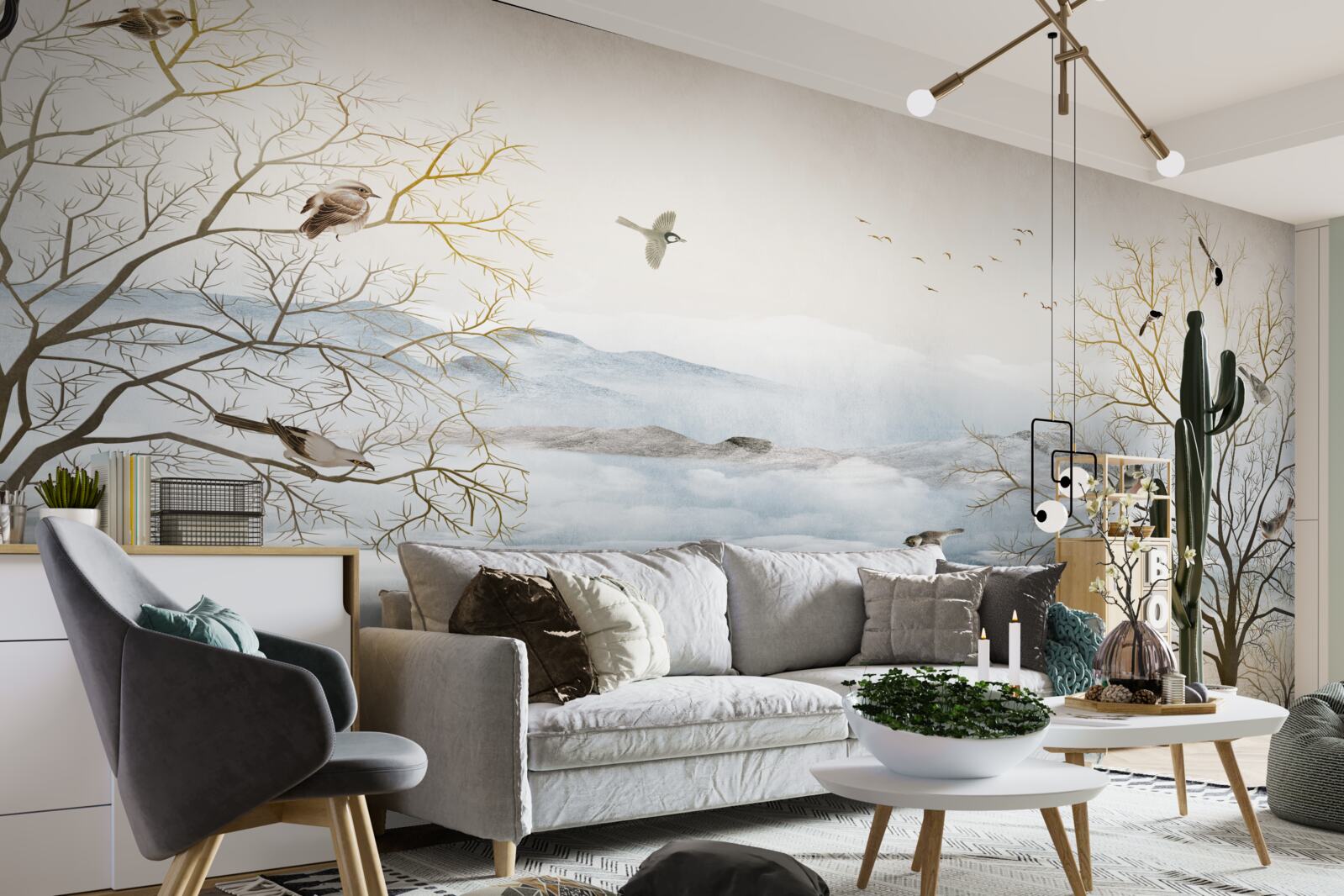 Fotobehang ochtendnevel en vogelgezang