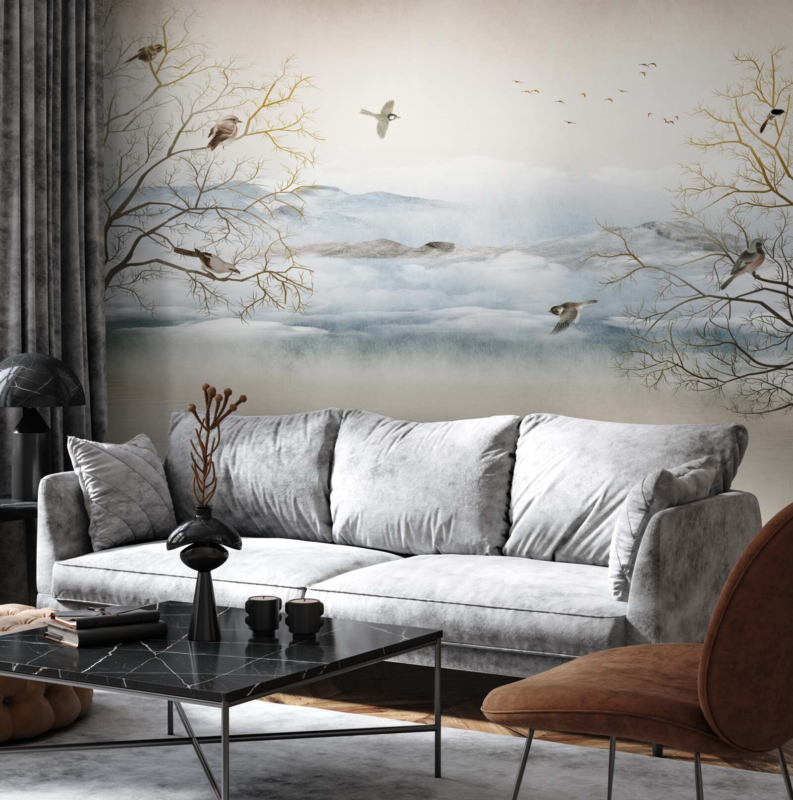 Fotobehang ochtendnevel en vogelgezang