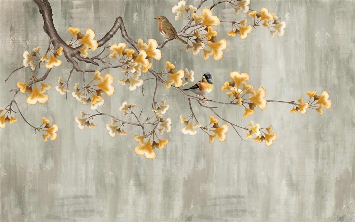 Fotobehang vogels en een tak met gele bloemen