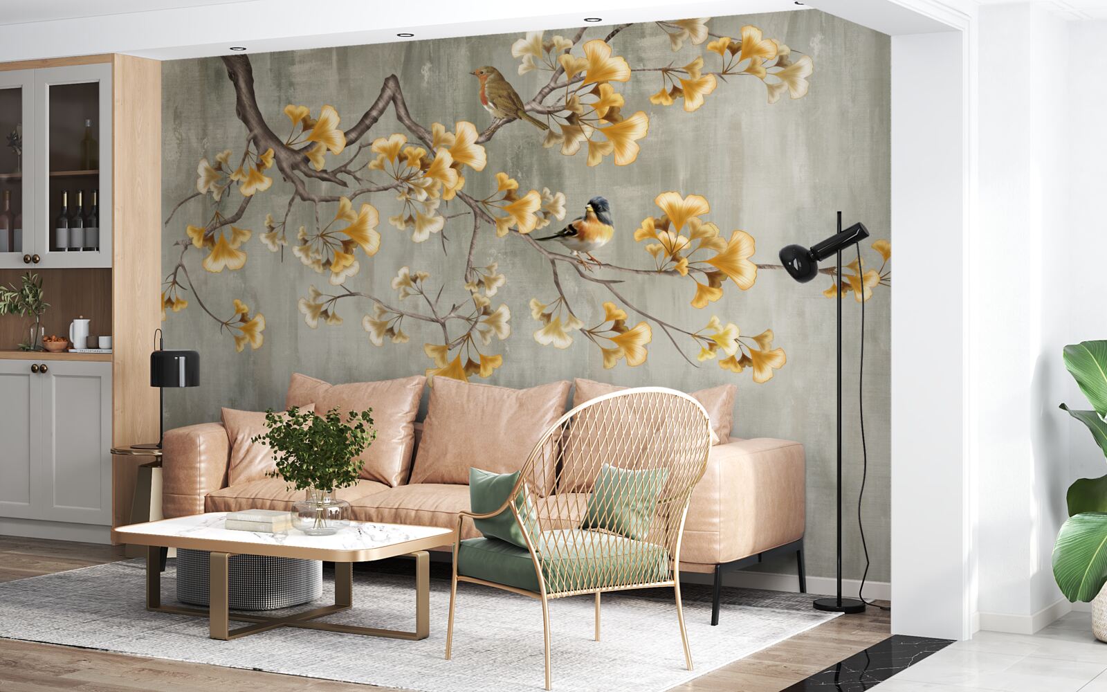 Fotobehang vogels en een tak met gele bloemen