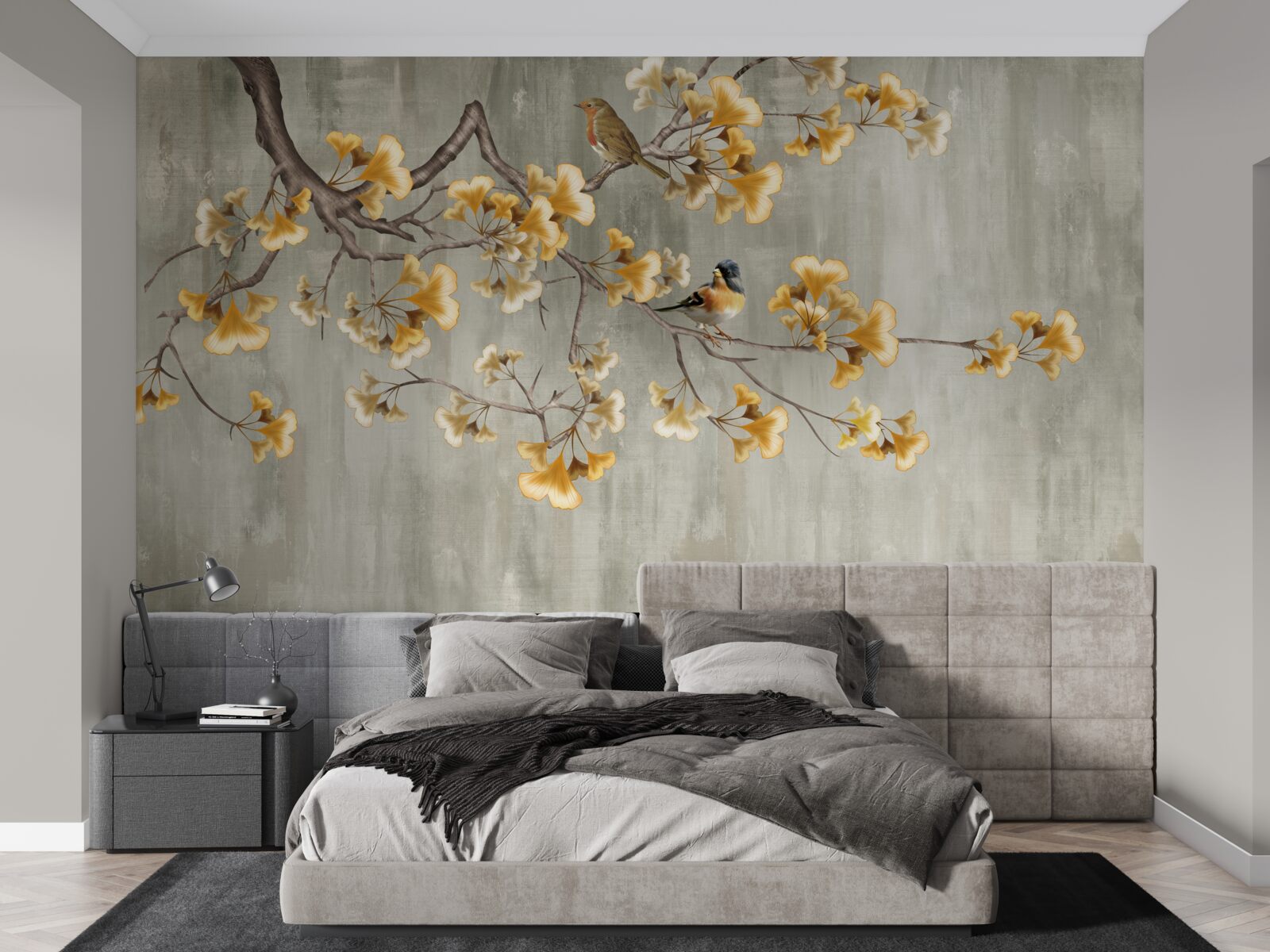 Fotobehang vogels en een tak met gele bloemen