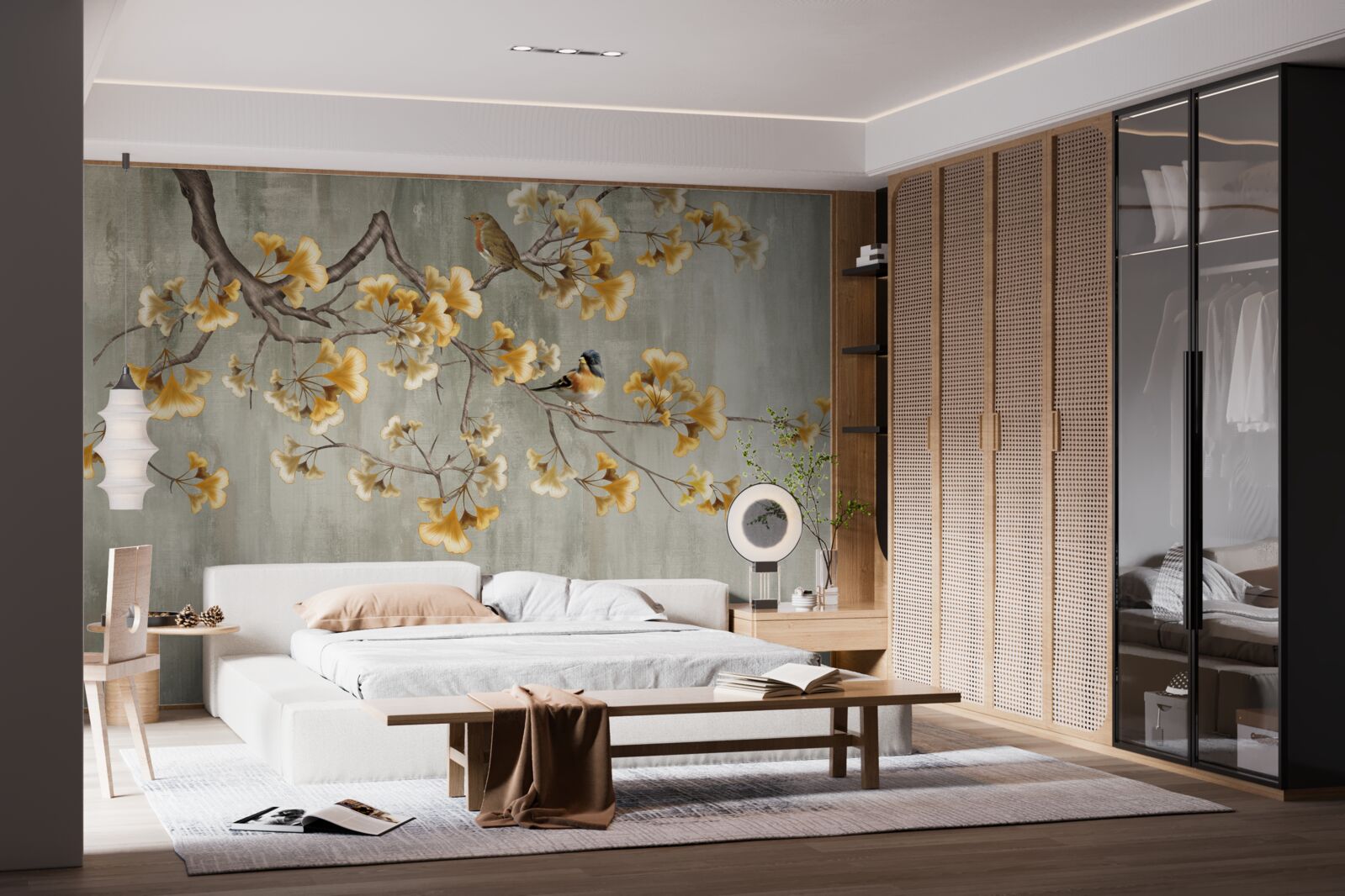 Fotobehang vogels en een tak met gele bloemen