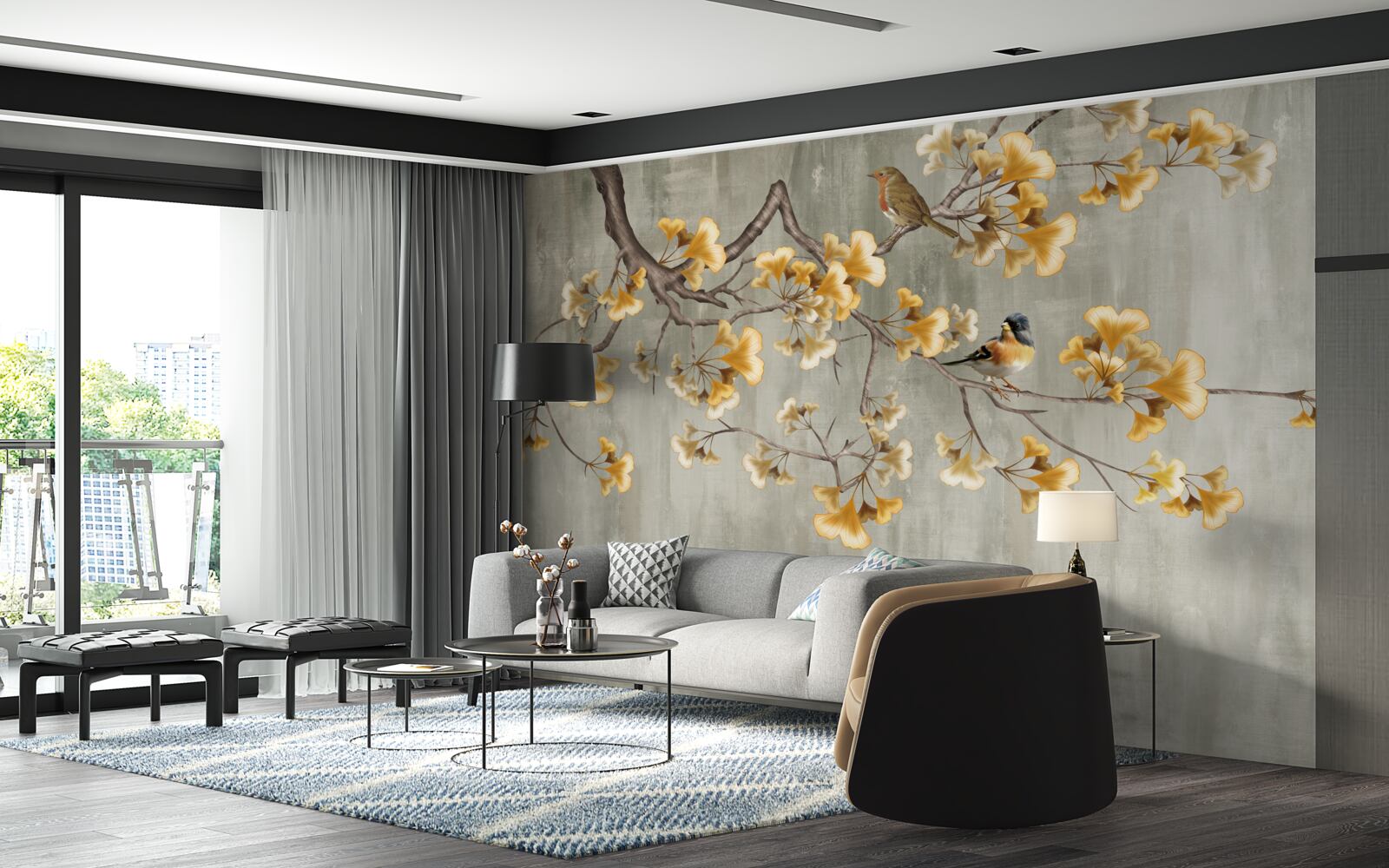 Fotobehang vogels en een tak met gele bloemen