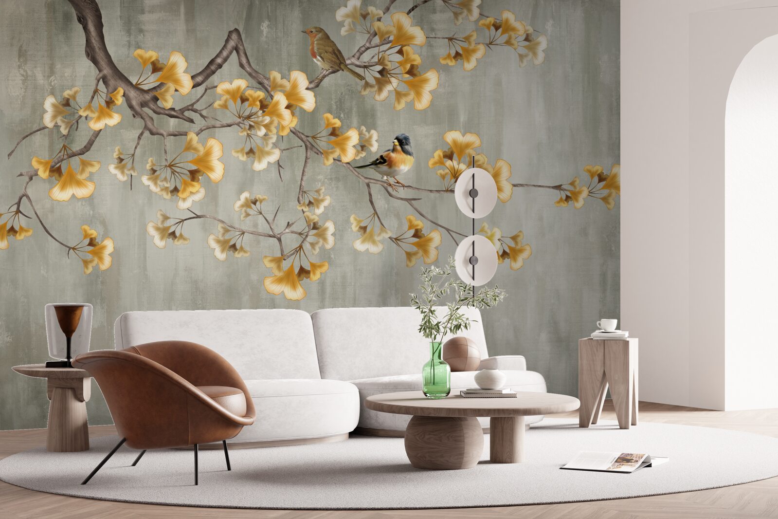 Fotobehang vogels en een tak met gele bloemen