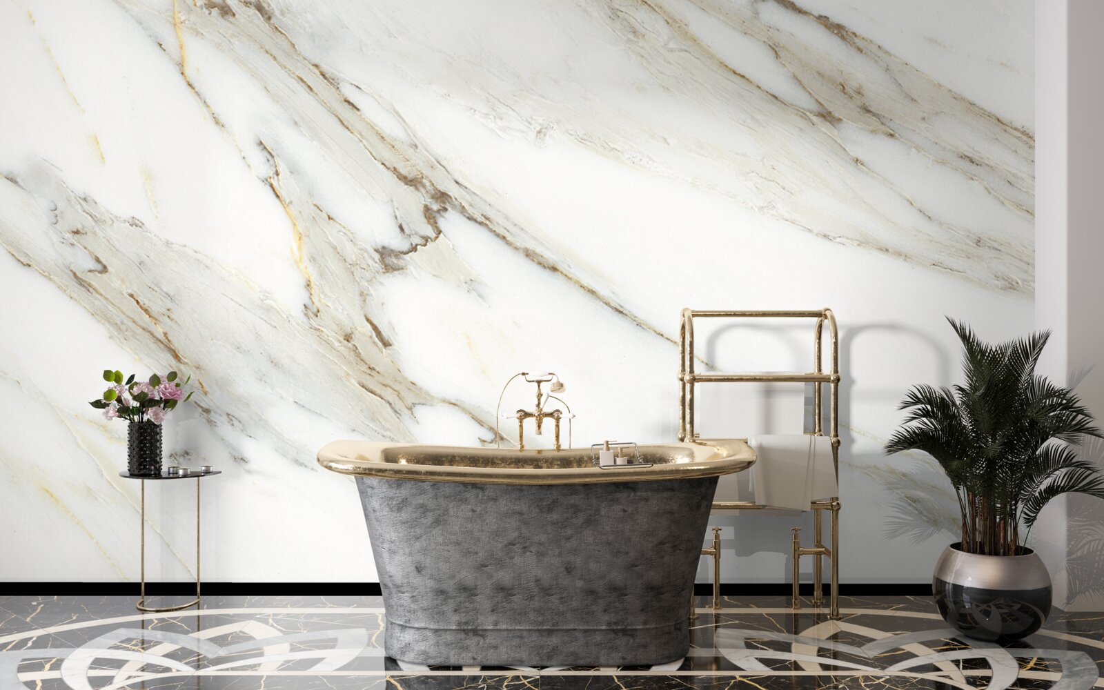 Fotobehang goud en zilver met marmer
