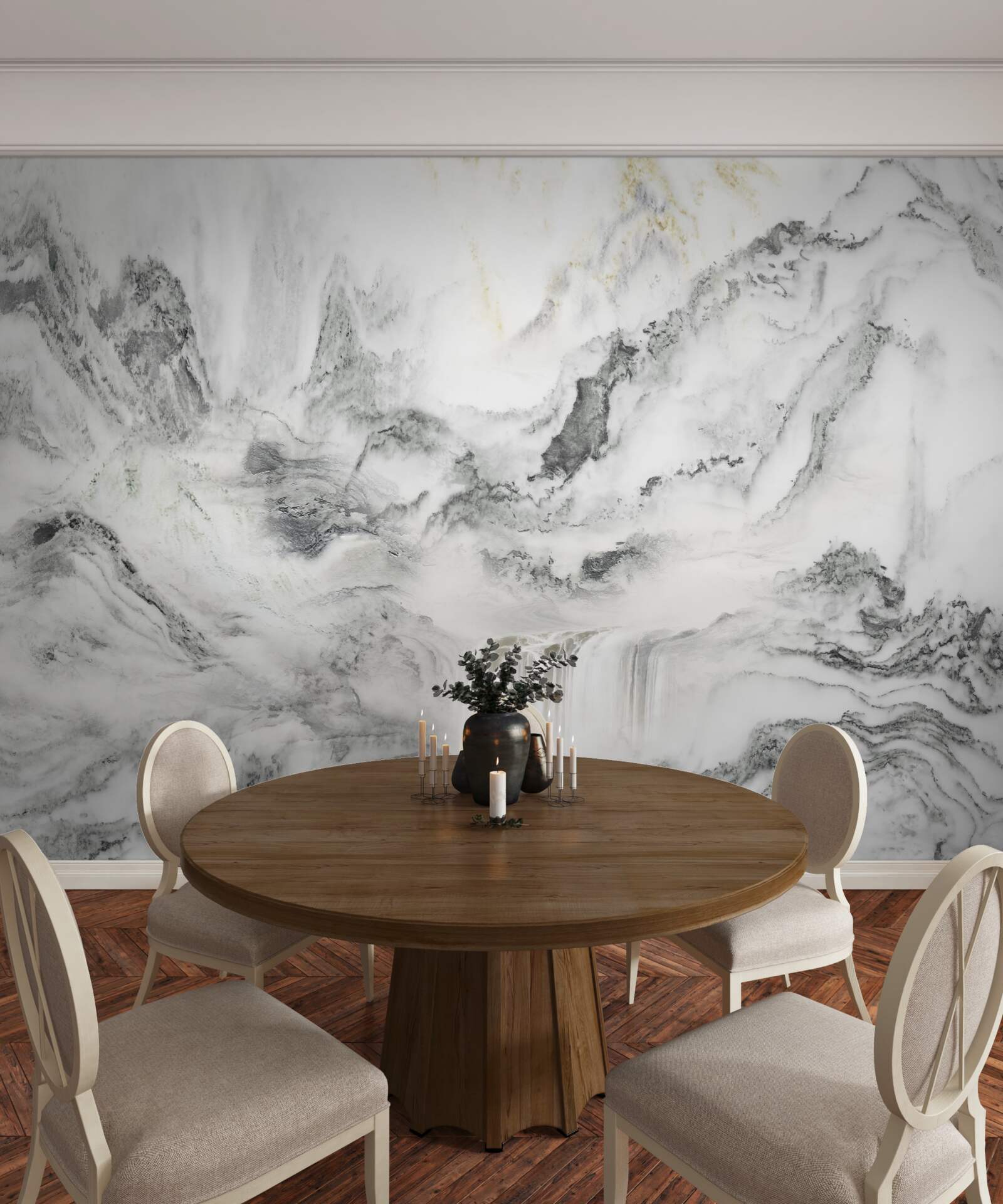 Fotobehang marmeren textuur met uitzicht op de bergen